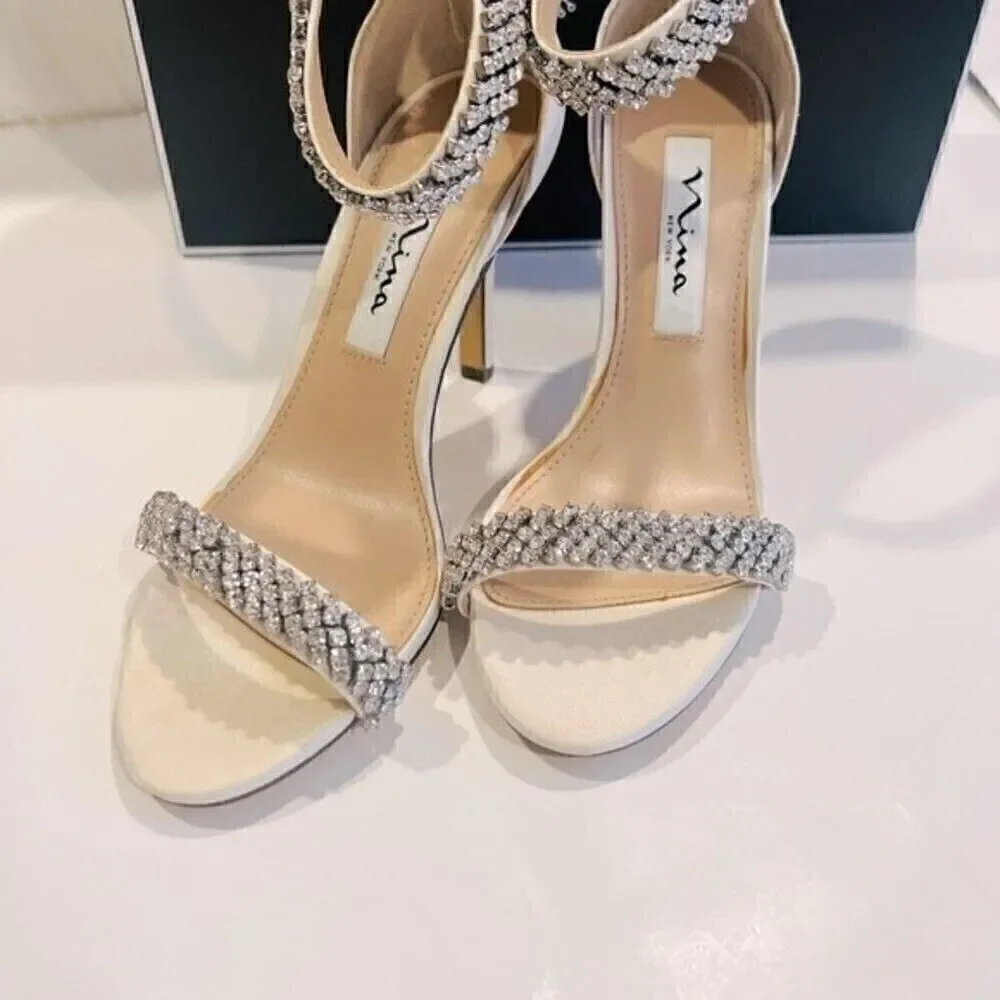 NINA Women's Ivory Vauna Ankle Strap Sandal $108.95 Rows of crystals shoes
